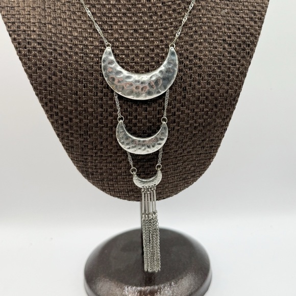 Jewelry - Long tiered hammered silver crescent tassel necklace